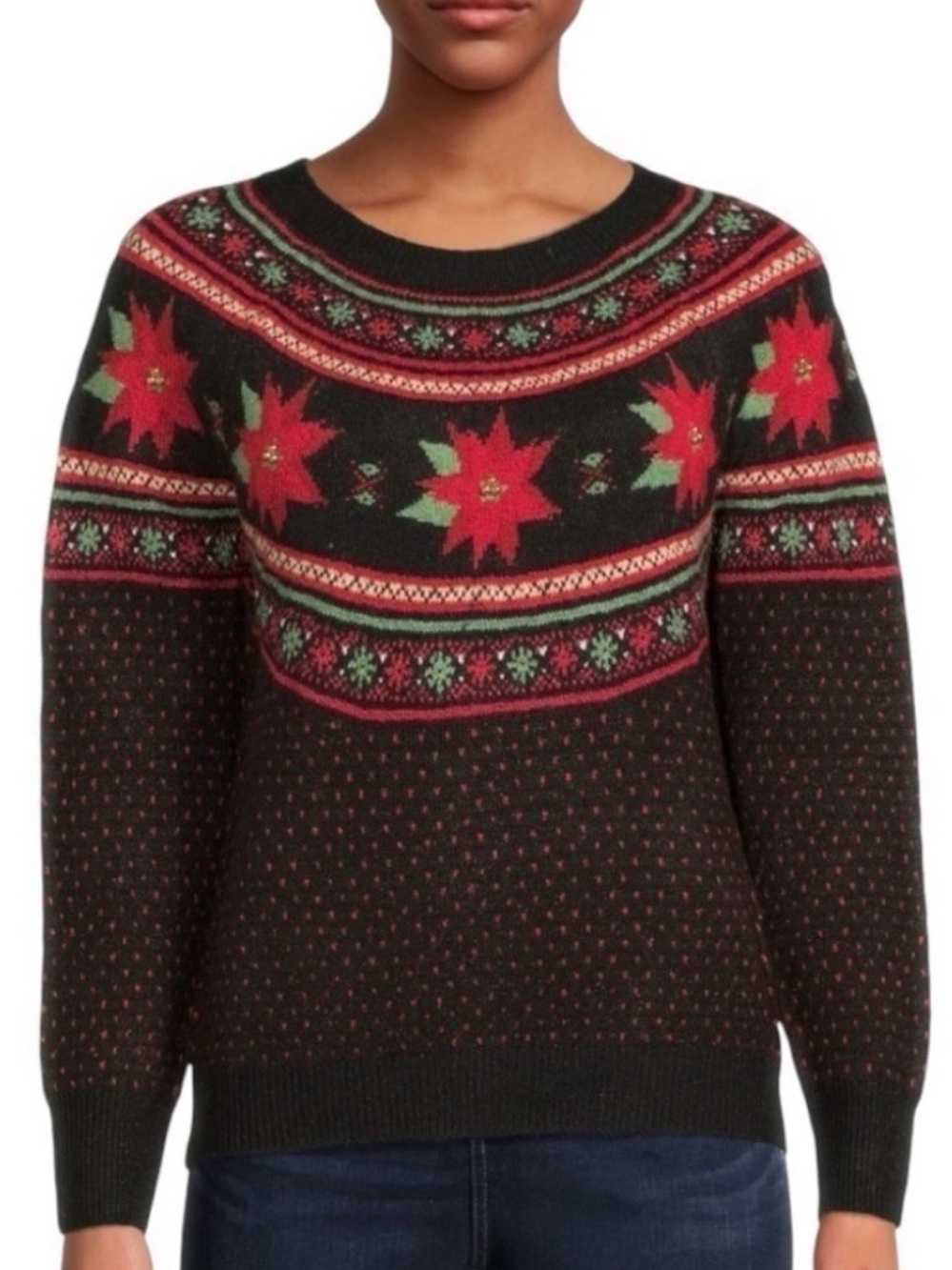 Holiday Time Poinsettia Holiday Sweater Crew Neck Black Red Womens Plus Sz S 4-6